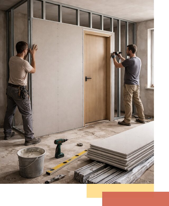 Перегородка из гипсокартона с дверью под ключ в Алейске