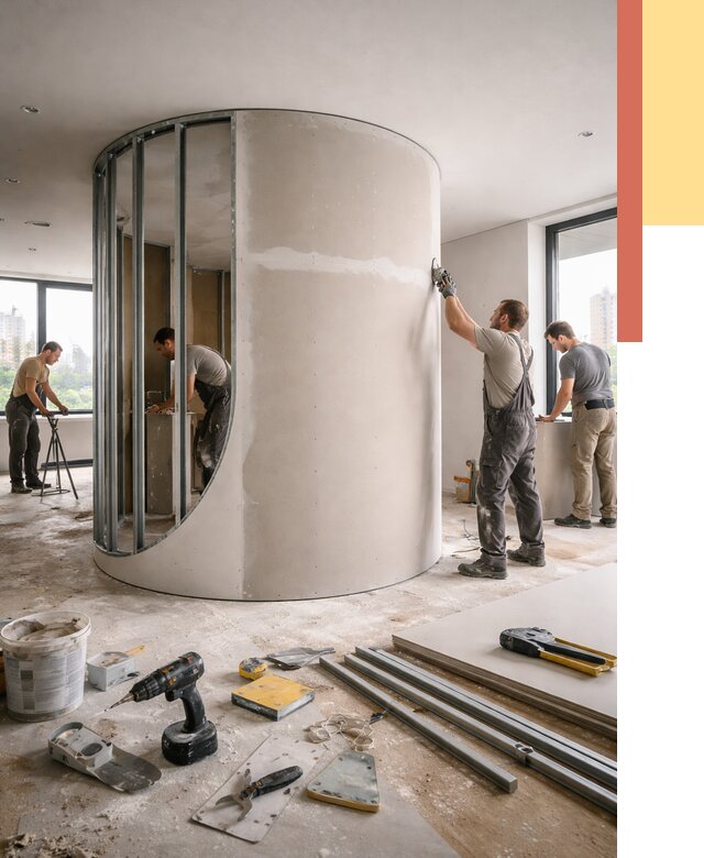 Радиусная перегородка из гипсокартона в Алейске от 2990 руб. под ключ | ОТДЕЛОЧНИК-Лук