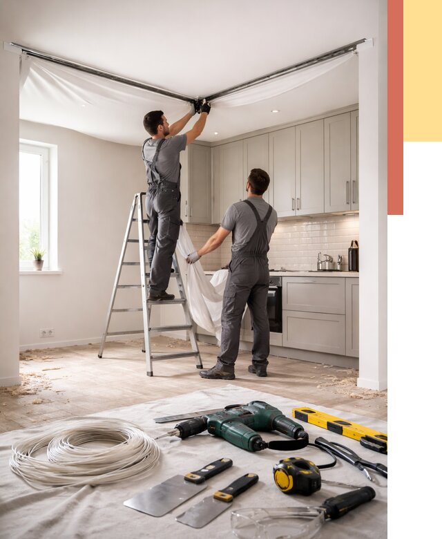 Установка натяжного потолка на кухне в Алейске от 2475 руб. | ОТДЕЛОЧНИК-Лук