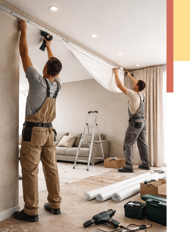 Монтаж натяжного потолка в гостиной в Алейске от 567 руб. | ОТДЕЛОЧНИК-Лук