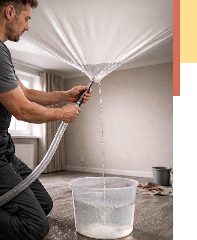 Слив воды с натяжного потолка в Алейске от 2578 руб. быстро и недорого | ОТДЕЛОЧНИК-Лук